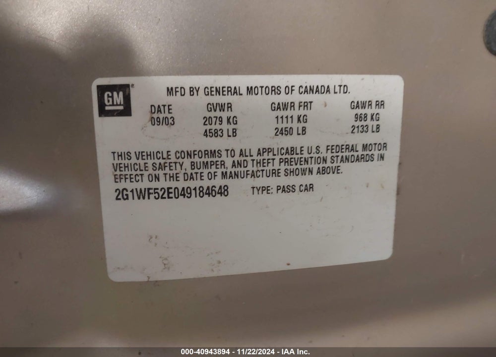 2004 CHEVROLET IMPALA VIN: 2G1WF52E049184648