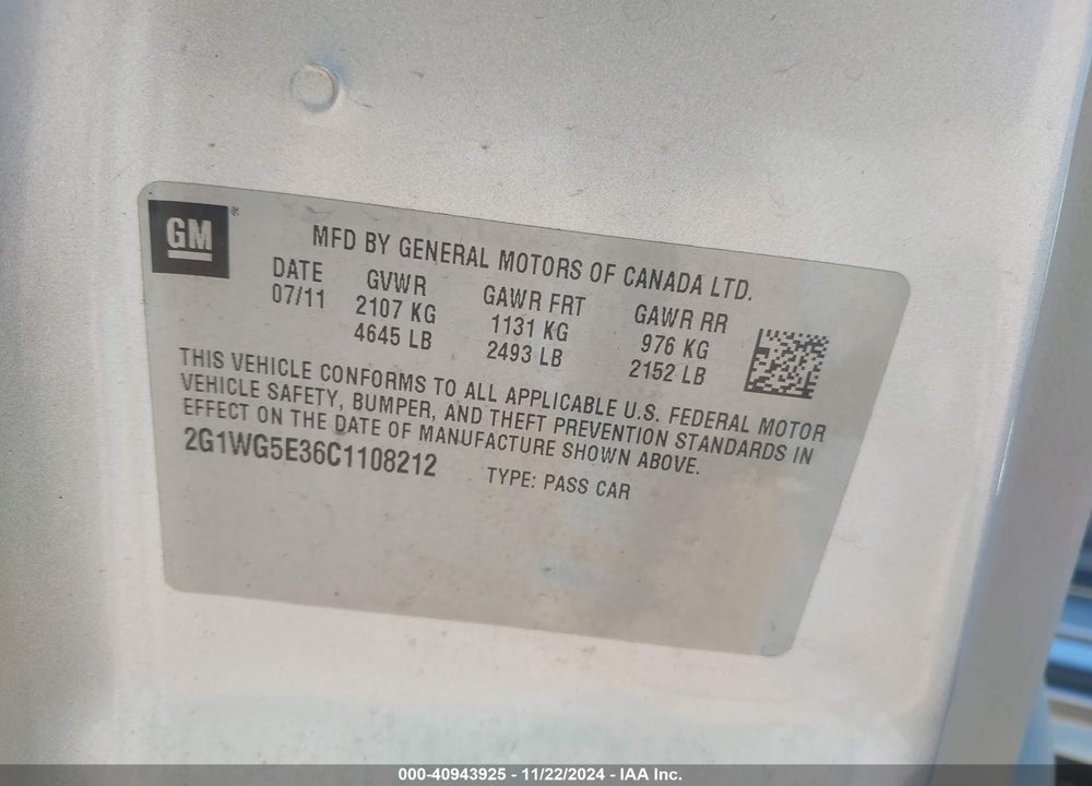 2012 CHEVROLET IMPALA LT VIN: 2G1WG5E36C1108212