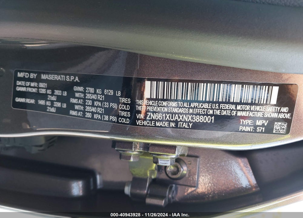 2022 MASERATI LEVANTE GT VIN: ZN661XUAXNX388001