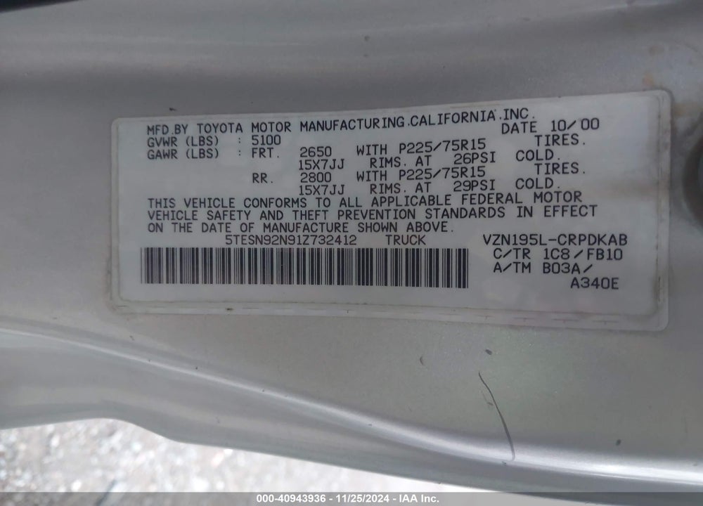 2001 TOYOTA TACOMA PRERUNNER V6 VIN: 5TESN92N91Z732412
