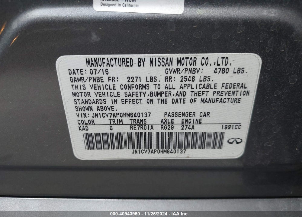 2017 INFINITI Q50 2.0T PREMIUM VIN: JN1CV7AP0HM640137
