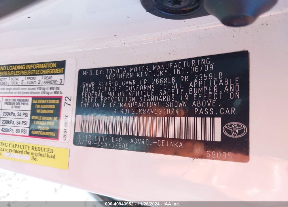 2010 TOYOTA CAMRY VIN: 4T4BF3EK8AR031074