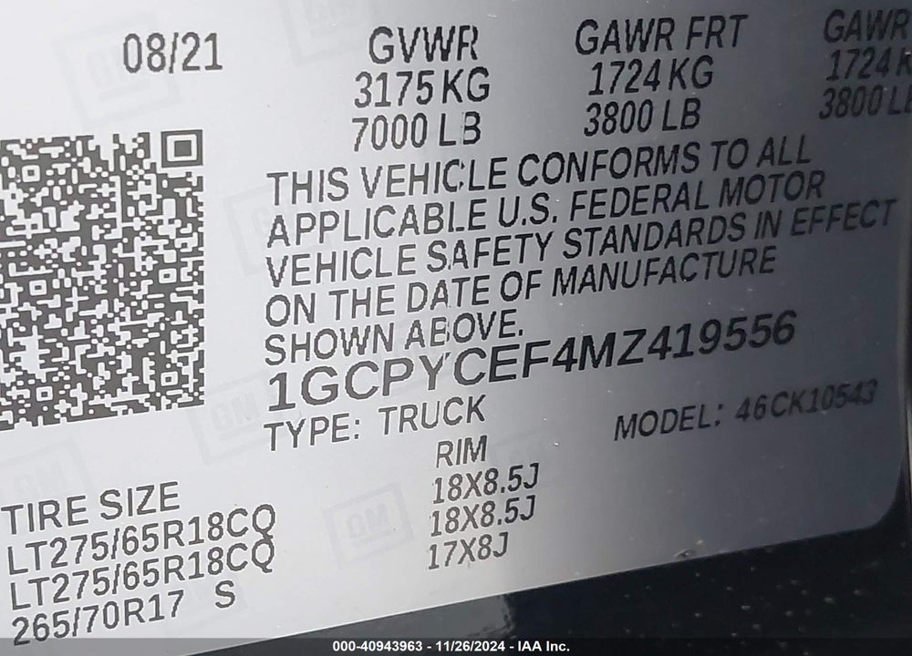2021 CHEVROLET SILVERADO 1500 4WD SHORT BED CUSTOM TRAIL BOSS VIN: 1GCPYCEF4MZ419556