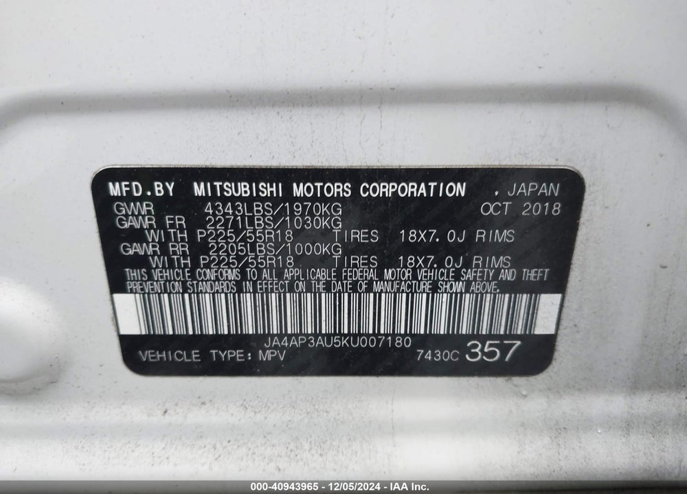 2019 MITSUBISHI OUTLANDER SPORT 2.0 ES VIN: JA4AP3AU5KU007180