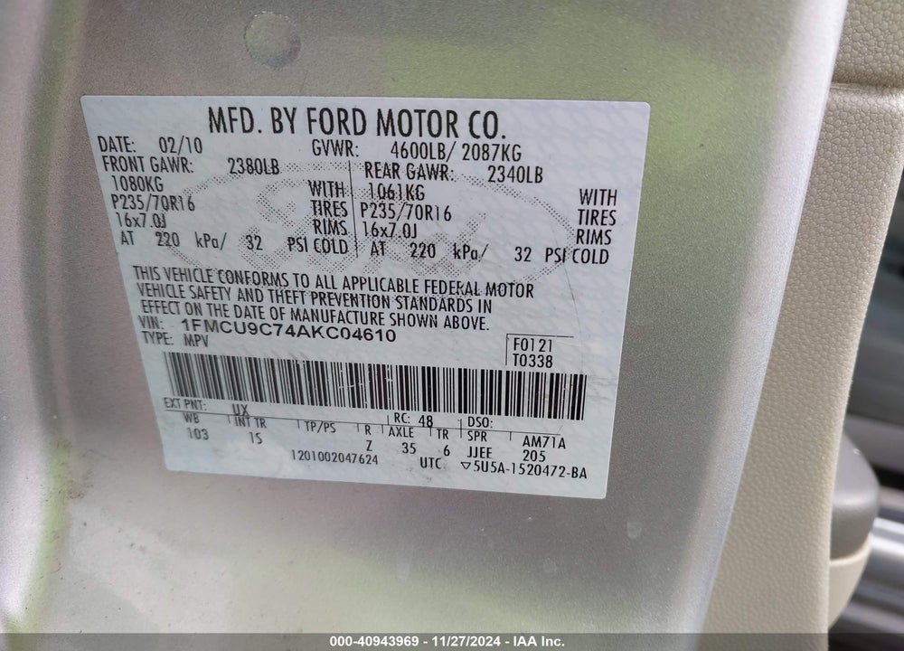 2010 FORD ESCAPE XLS VIN: 1FMCU9C74AKC04610
