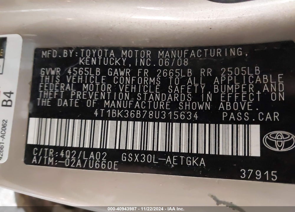 2008 TOYOTA AVALON XLS VIN: 4T1BK36B78U315634