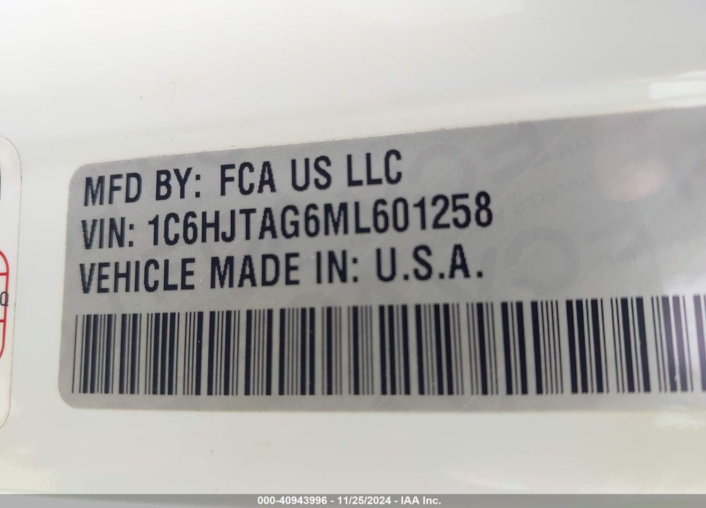2021 JEEP GLADIATOR WILLYS 4X4 VIN: 1C6HJTAG6ML601258