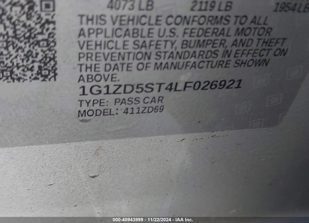 2020 CHEVROLET MALIBU FWD LT VIN: 1G1ZD5ST4LF026921