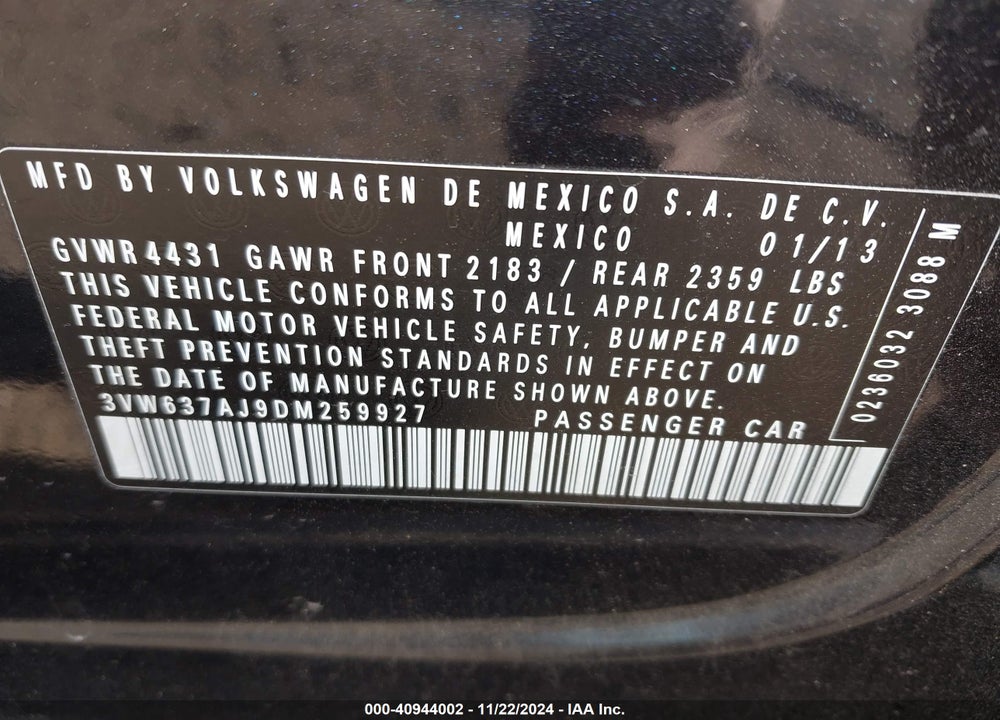 2013 VOLKSWAGEN JETTA HYBRID SE VIN: 3VW637AJ9DM259927
