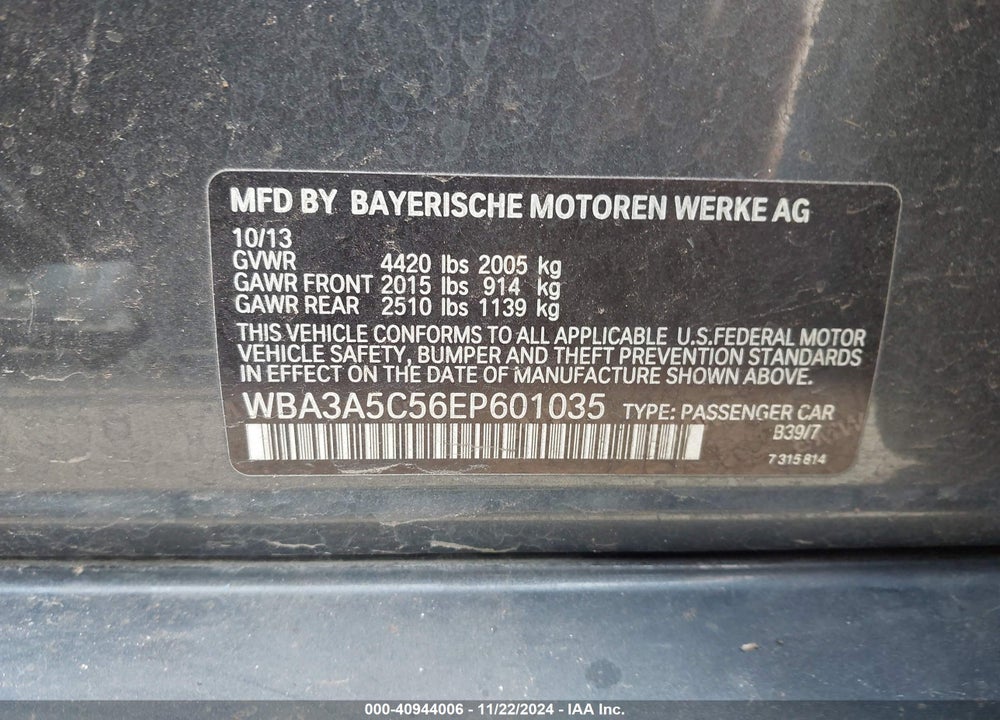 2014 BMW 328I VIN: WBA3A5C56EP601035