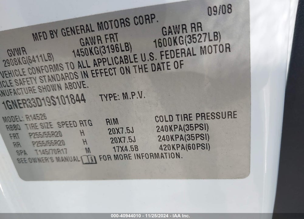 2009 CHEVROLET TRAVERSE LTZ VIN: 1GNER33D19S101844
