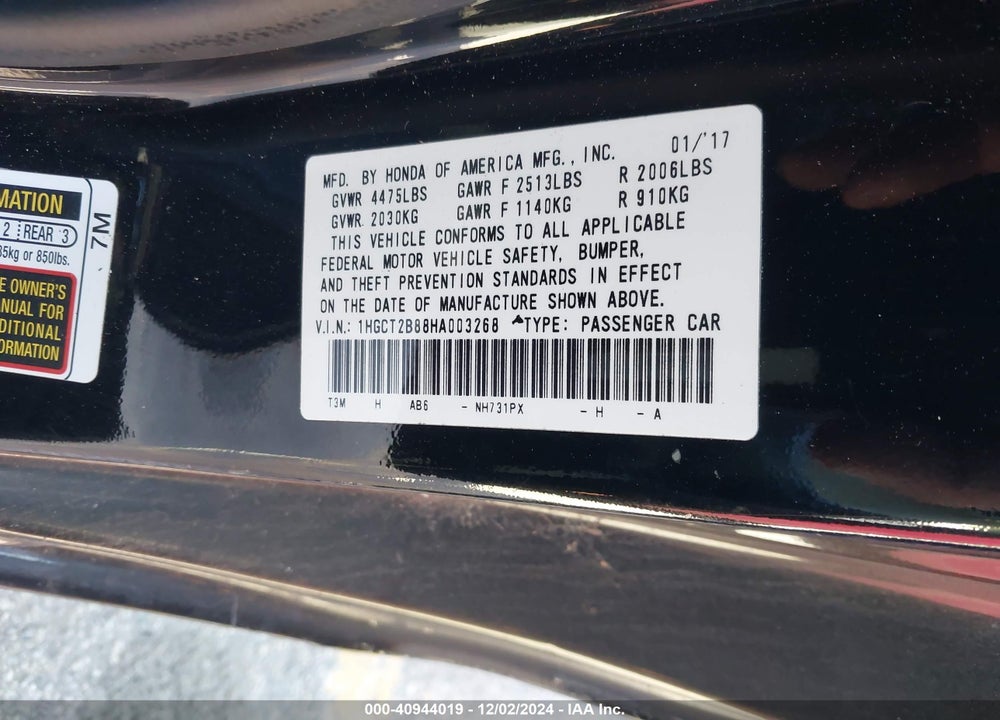 2017 HONDA ACCORD VIN: 1HGCT2B88HA003268