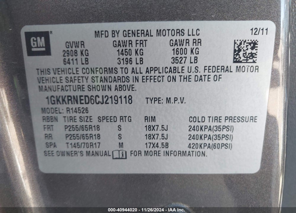 2012 GMC ACADIA SL VIN: 1GKKRNED6CJ219118