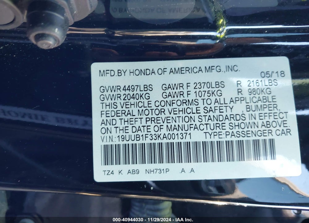 2019 ACURA TLX STANDARD VIN: 19UUB1F33KA001371