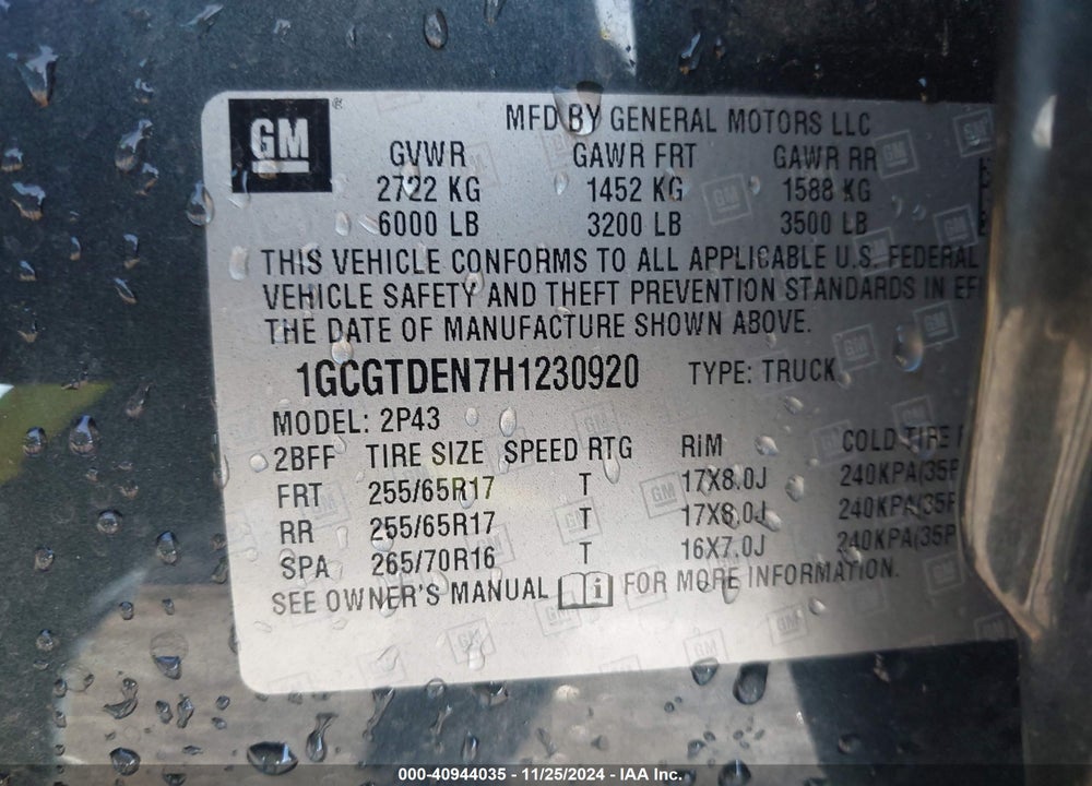 2017 CHEVROLET COLORADO Z71 VIN: 1GCGTDEN7H1230920