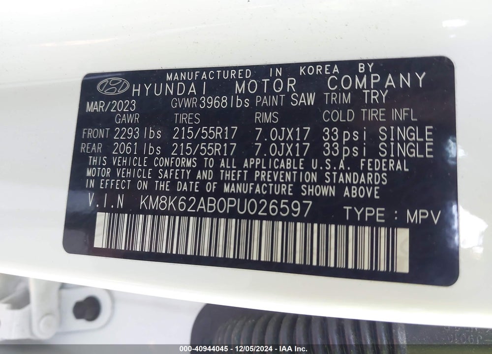 2023 HYUNDAI KONA SEL VIN: KM8K62AB0PU026597