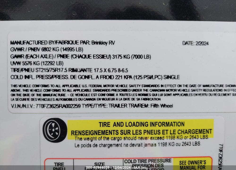 2024 BRINKLEY RV Z3100 VIN: 7T0FZ3625RA002259
