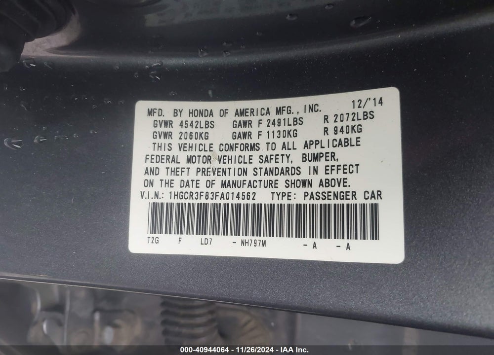 2015 HONDA ACCORD EX-L V-6 VIN: 1HGCR3F83FA014562