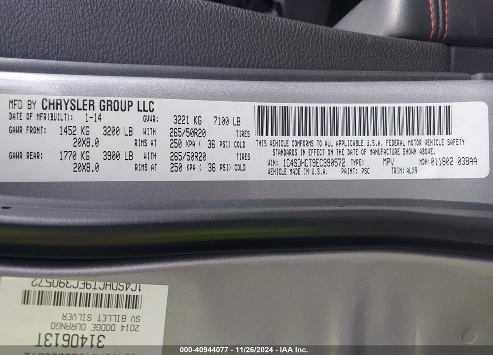 2014 DODGE DURANGO R/T VIN: 1C4SDHCT9EC390572