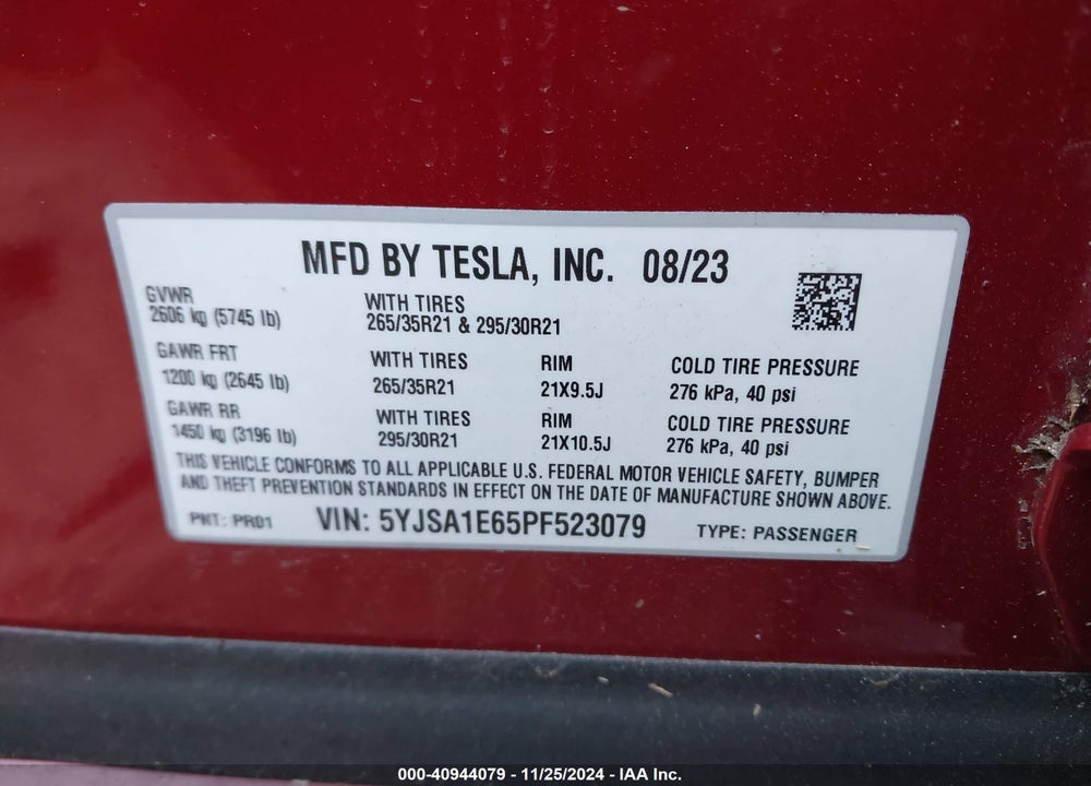 2023 TESLA MODEL S PLAID TRI MOTOR ALL-WHEEL DRIVE VIN: 5YJSA1E65PF523079