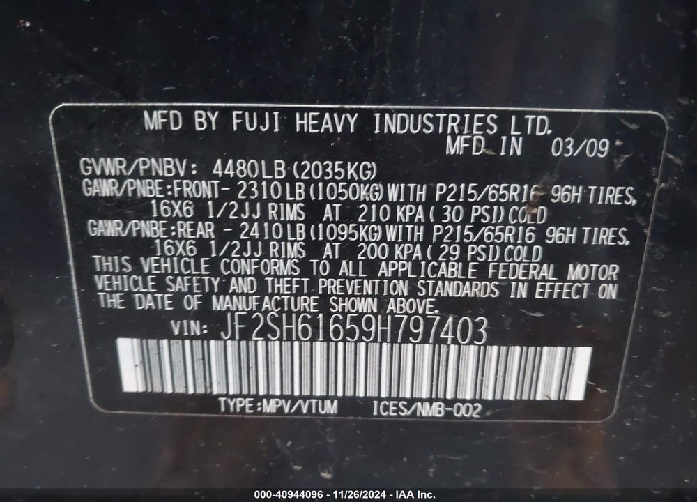 2009 SUBARU FORESTER 2.5X VIN: JF2SH61659H797403