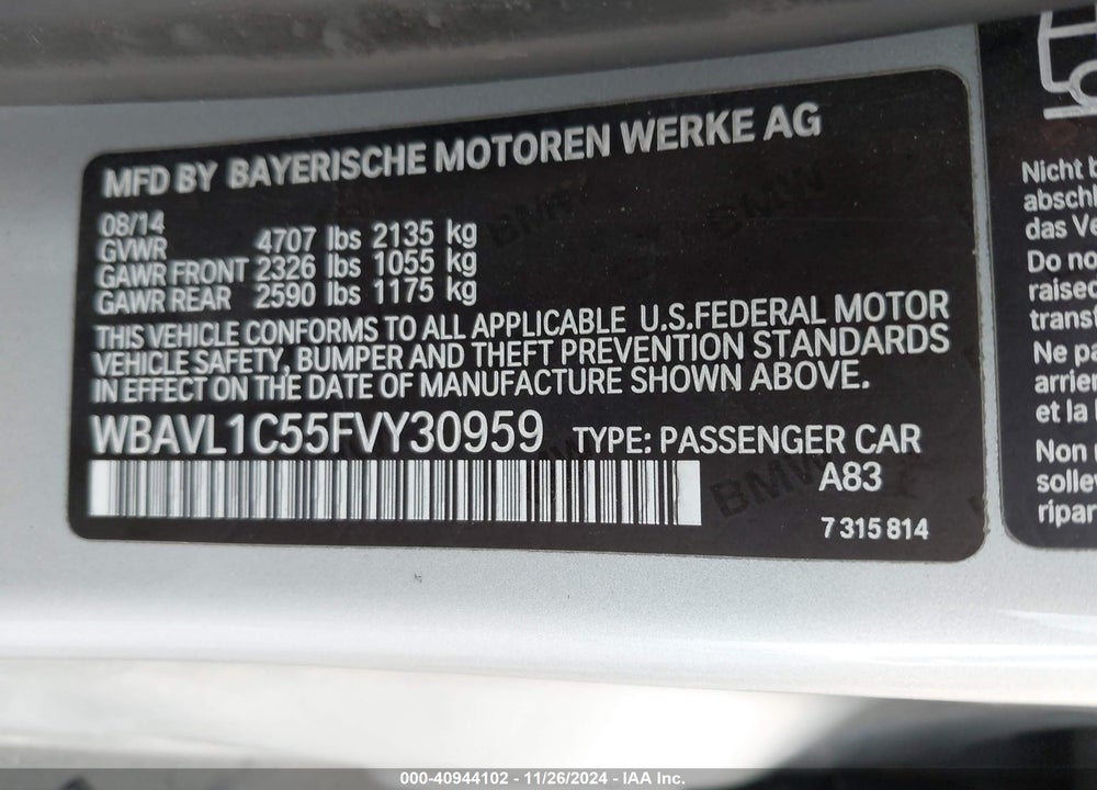 2015 BMW X1 XDRIVE28I VIN: WBAVL1C55FVY30959