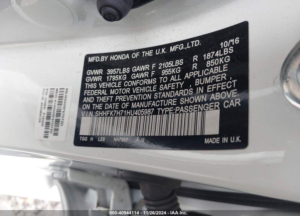2017 HONDA CIVIC EX-L VIN: SHHFK7H71HU405987