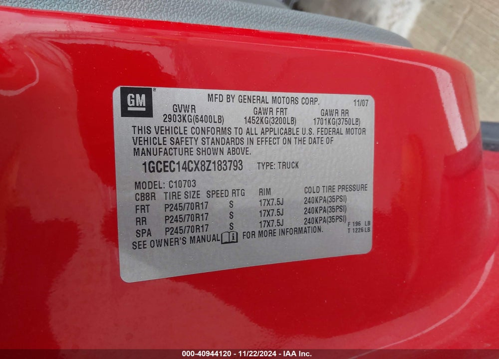 2008 CHEVROLET SILVERADO 1500 VIN: 1GCEC14CX8Z183793