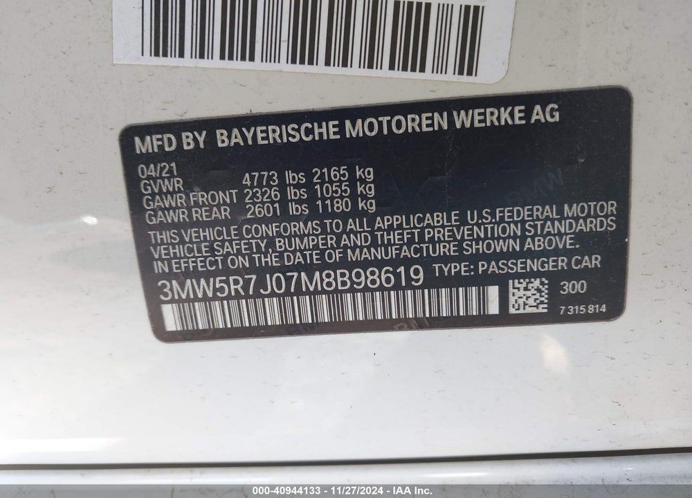 2021 BMW 330I XDRIVE VIN: 3MW5R7J07M8B98619