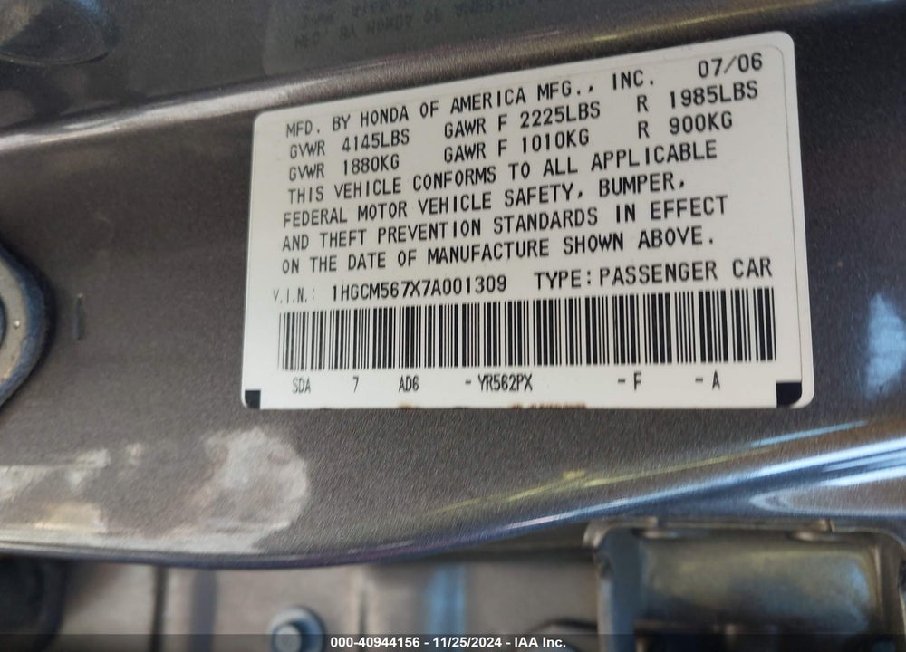 2007 HONDA ACCORD 2.4 EX VIN: 1HGCM567X7A001309