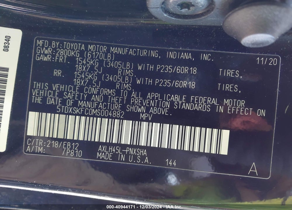 2021 TOYOTA SIENNA XSE VIN: 5TDXSKFC0MS004882