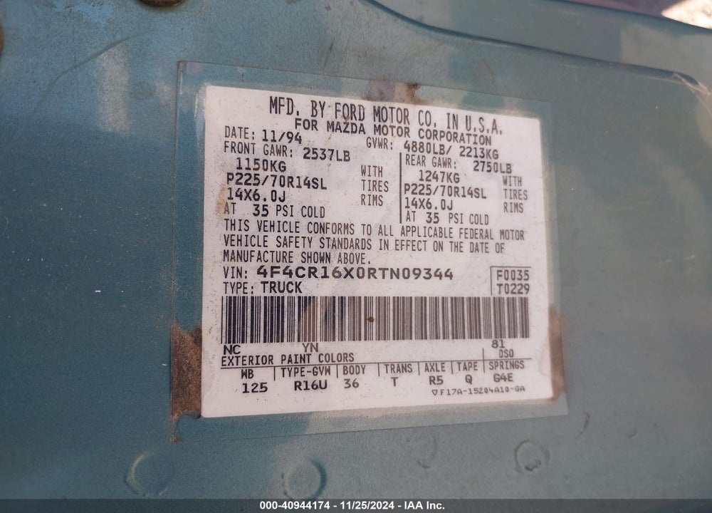 1994 MAZDA B4000 CAB PLUS VIN: 4F4CR16X0RTN09344