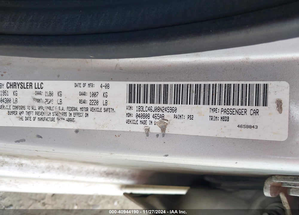 2008 DODGE AVENGER SE VIN: 1B3LC46J08N245960