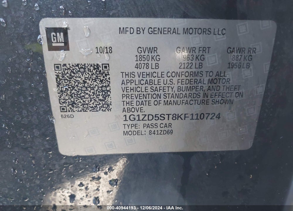 2019 CHEVROLET MALIBU LT VIN: 1G1ZD5ST8KF110724