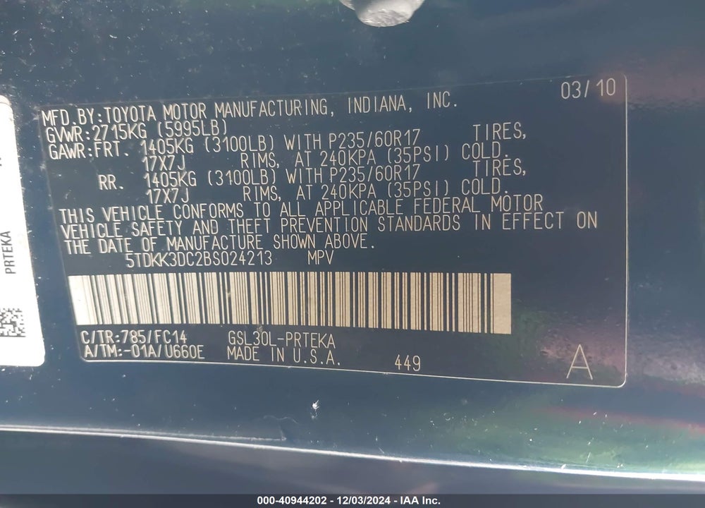 2011 TOYOTA SIENNA LE V6 VIN: 5TDKK3DC2BS024213