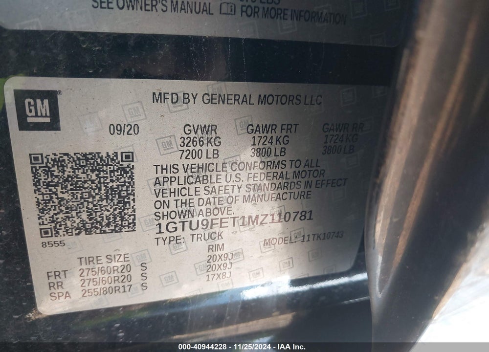 2021 GMC SIERRA 1500 4WD STANDARD BOX DENALI VIN: 1GTU9FET1MZ110781