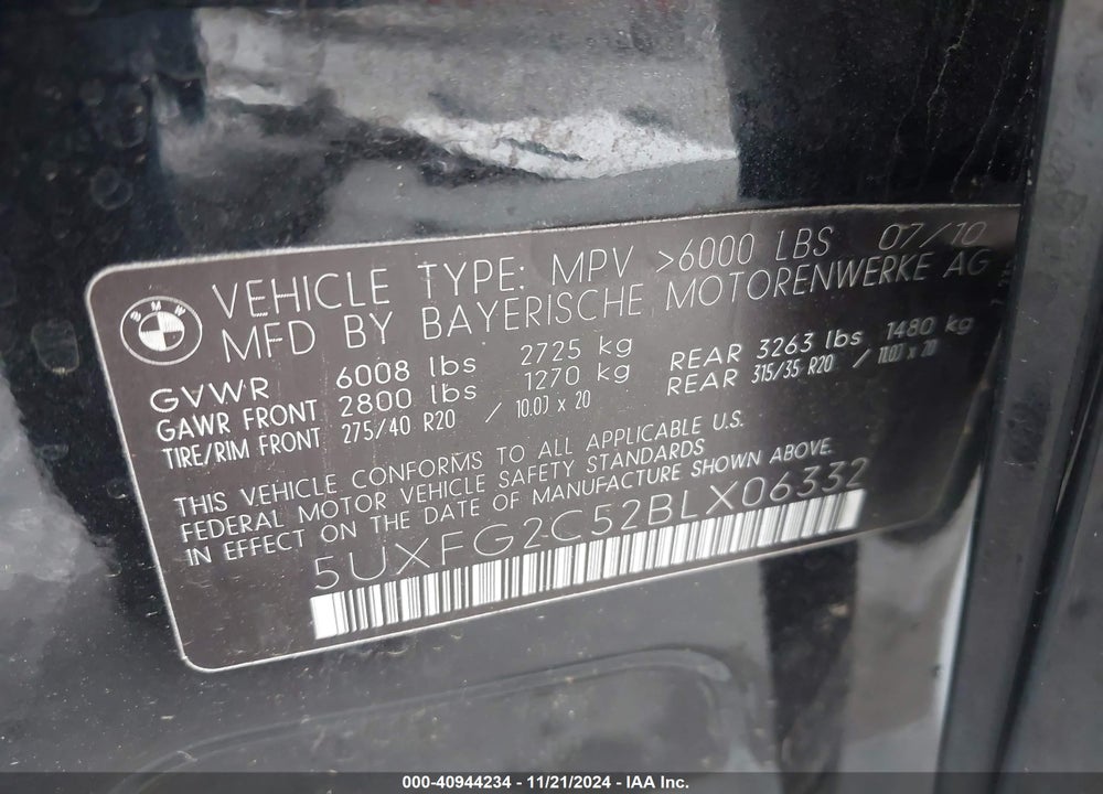2011 BMW X6 XDRIVE35I VIN: 5UXFG2C52BLX06332