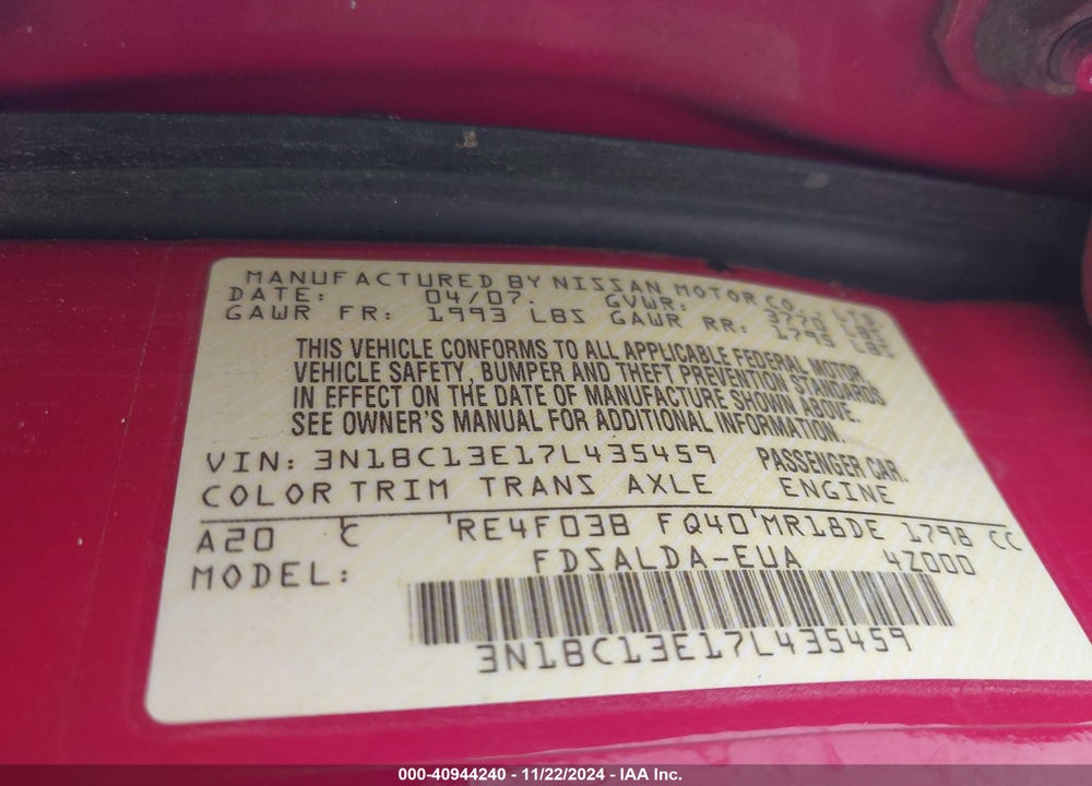 2007 NISSAN VERSA 1.8S VIN: 3N1BC13E17L435459