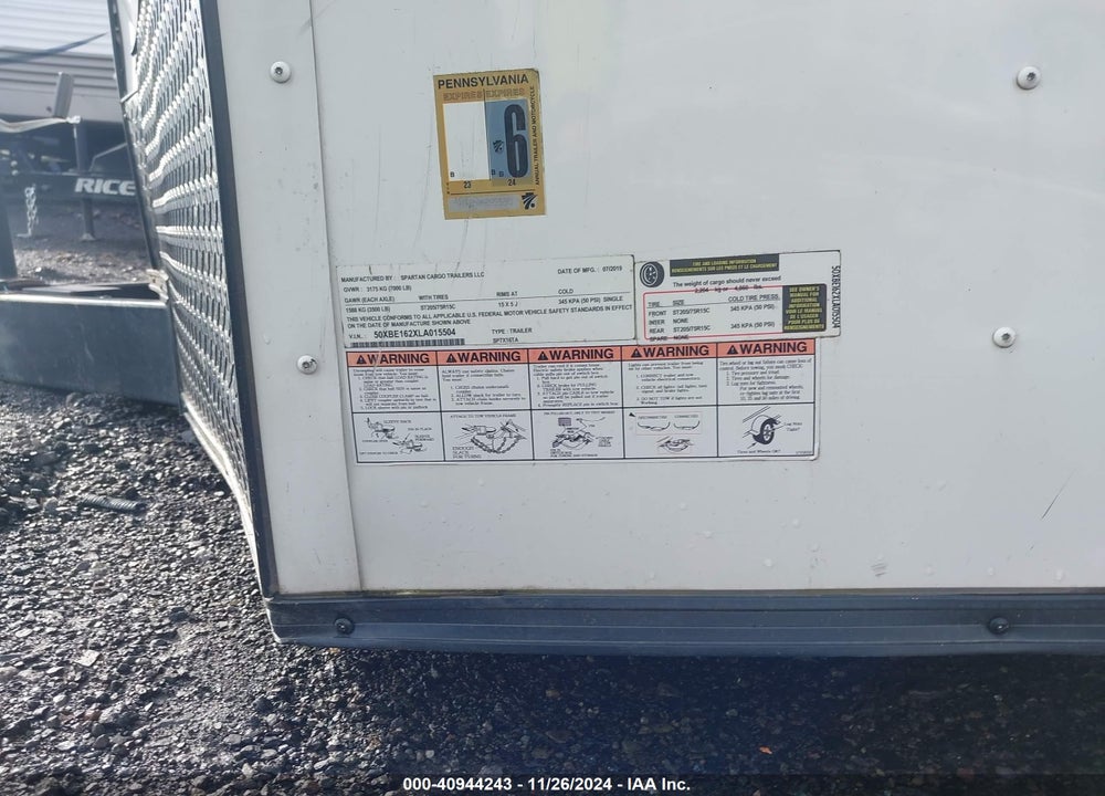 2020 SPARTA MANUFACTURING CORP TRAILER VIN: 50XBE162XLA015504