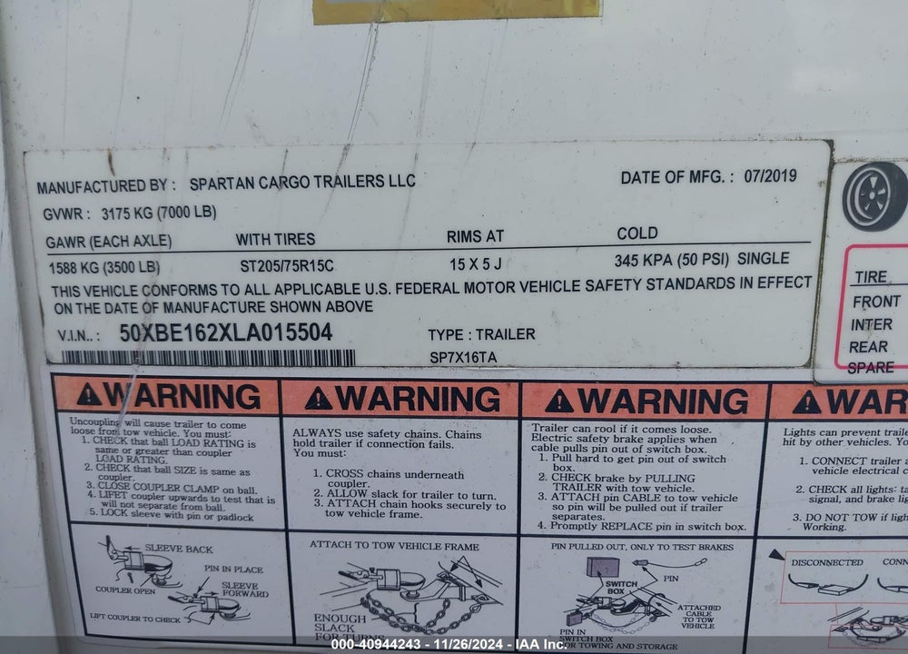 2020 SPARTA MANUFACTURING CORP TRAILER VIN: 50XBE162XLA015504