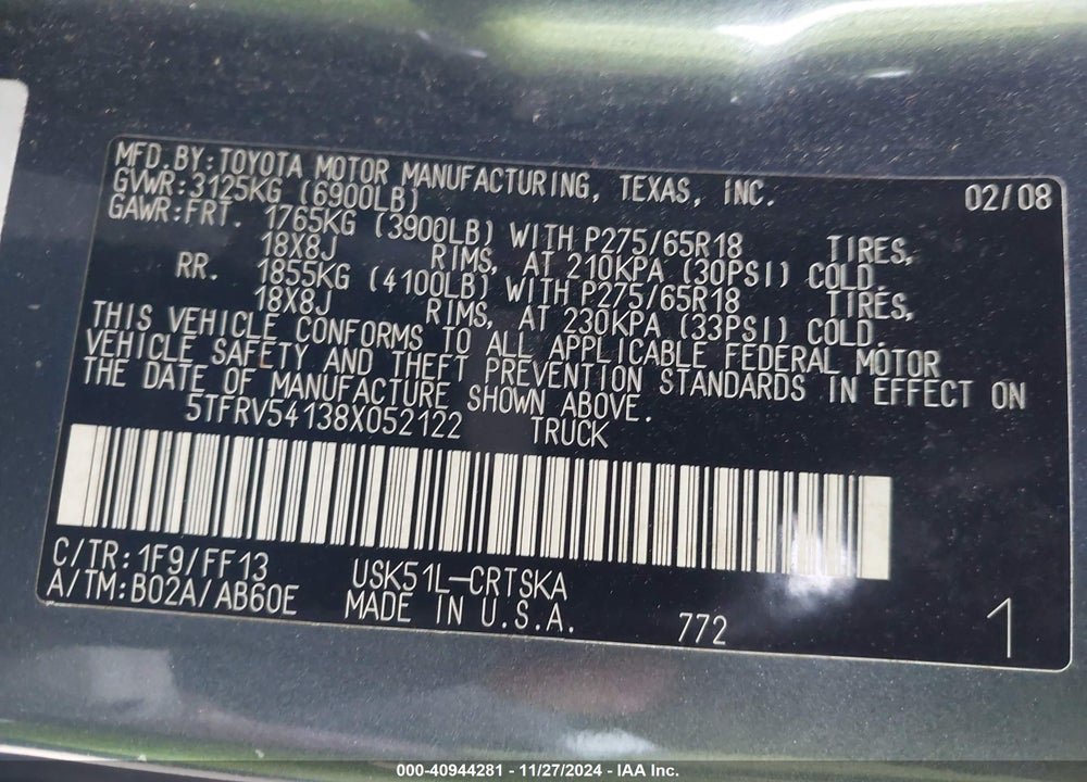2008 TOYOTA TUNDRA SR5 5.7L V8 VIN: 5TFRV54138X052122