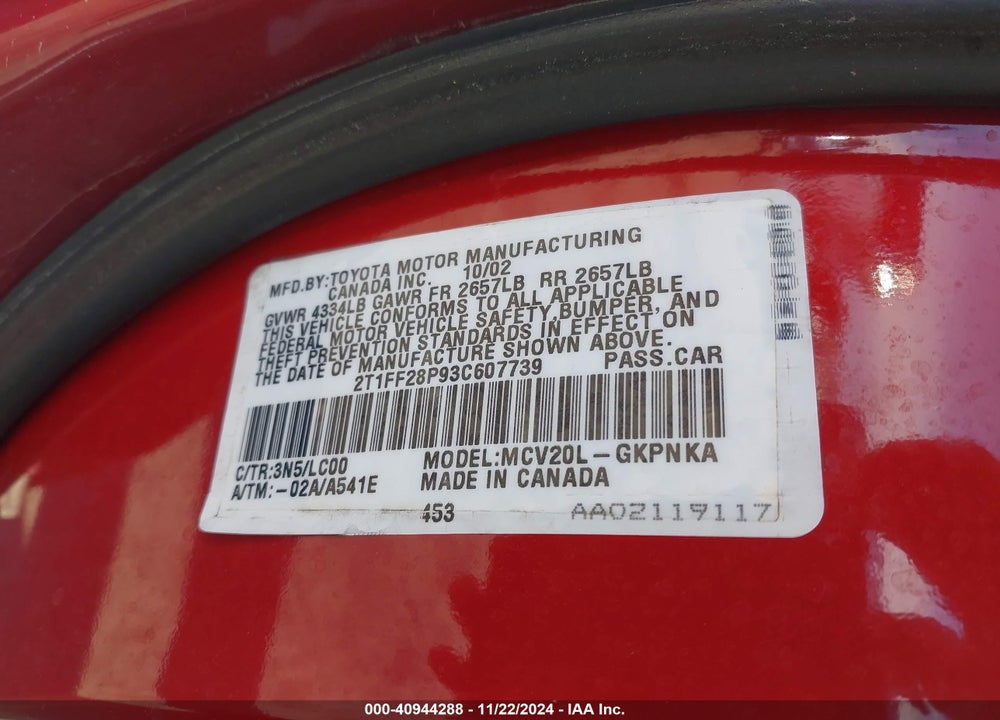 2003 TOYOTA CAMRY SOLARA SLE V6 VIN: 2T1FF28P93C607739