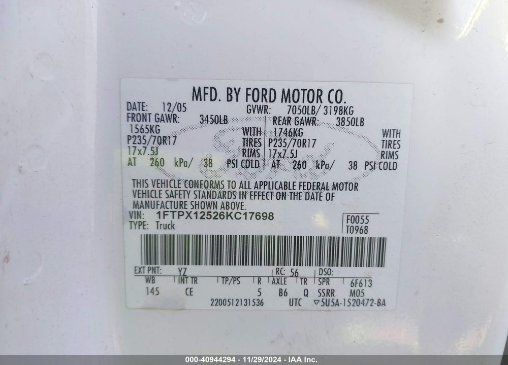 2006 FORD F-150 LARIAT/XL/XLT VIN: 1FTPX12526KC17698