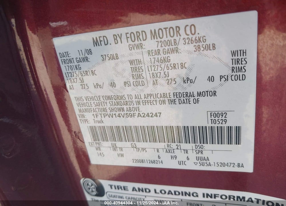 2009 FORD F-150 FX4/KING RANCH/LARIAT/PLATINUM/XL/XLT VIN: 1FTPW14V59FA24247
