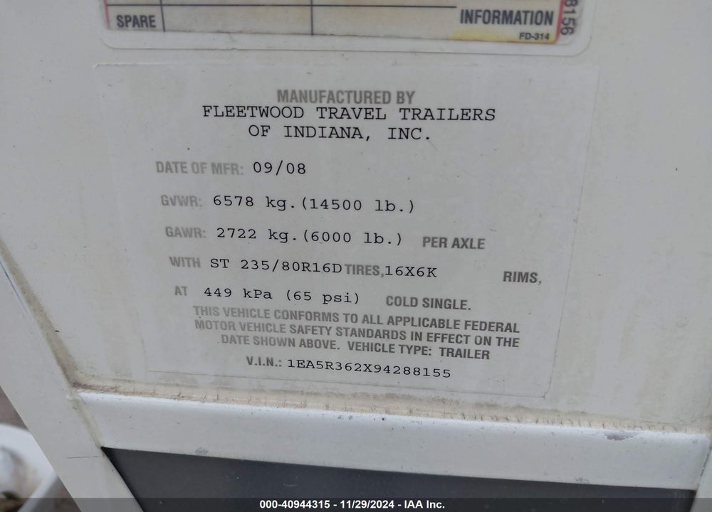 2009 FLEETWOOD TERRY VIN: 1EA5R362X94288155