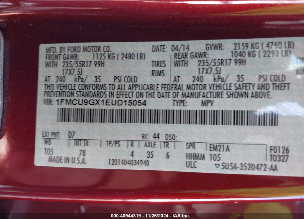 2014 FORD ESCAPE SE VIN: 1FMCU9GX1EUD15054