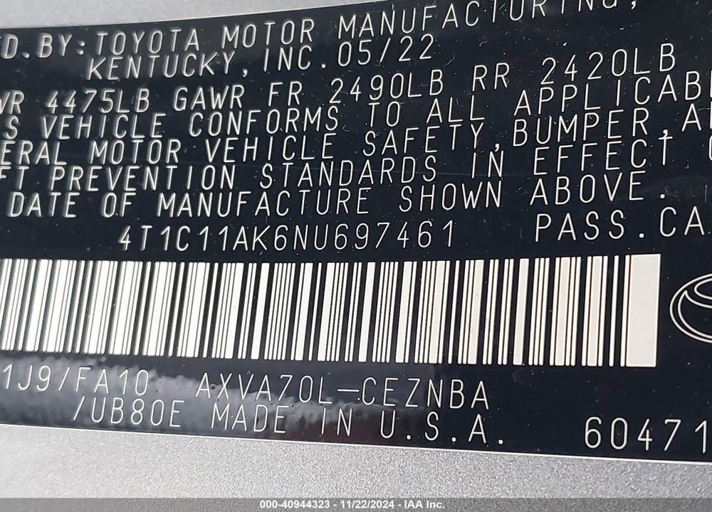 2022 TOYOTA CAMRY VIN: 4T1C11AK6NU697461