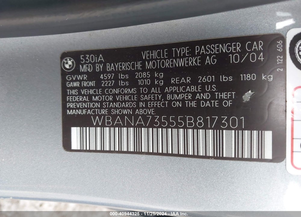 2005 BMW 530I VIN: WBANA73555B817301