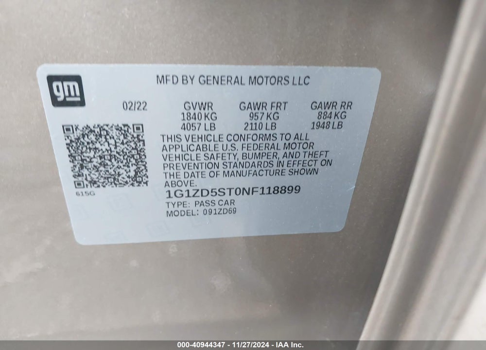 2022 CHEVROLET MALIBU VIN: 1G1ZD5ST0NF118899