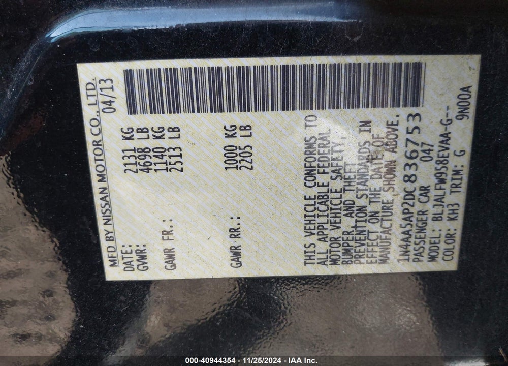 2013 NISSAN MAXIMA 3.5 SV VIN: 1N4AA5AP2DC836753
